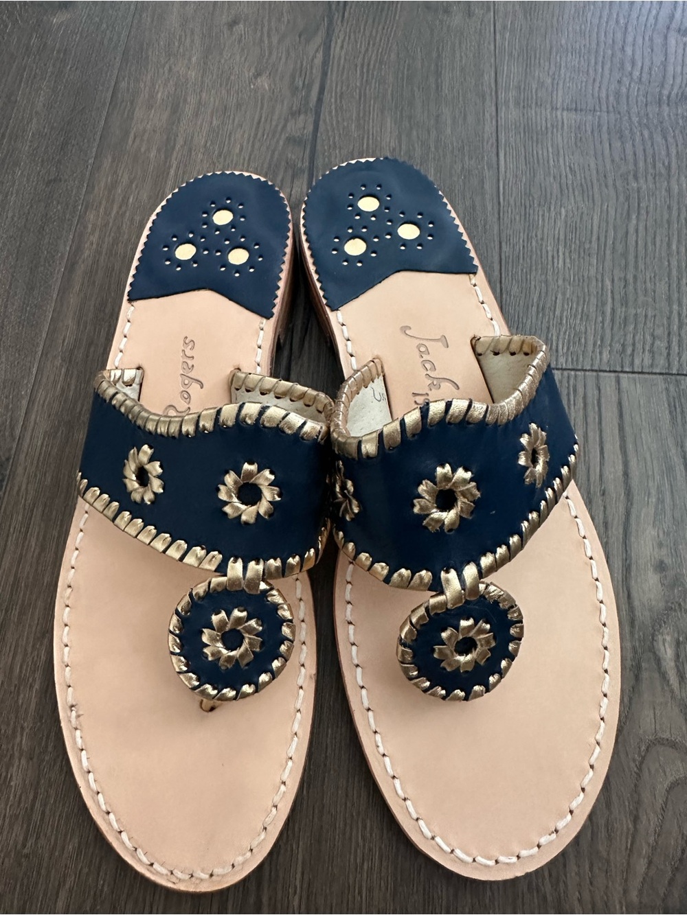 Jack Rogers Navy Blue and Gold Leather Sandals